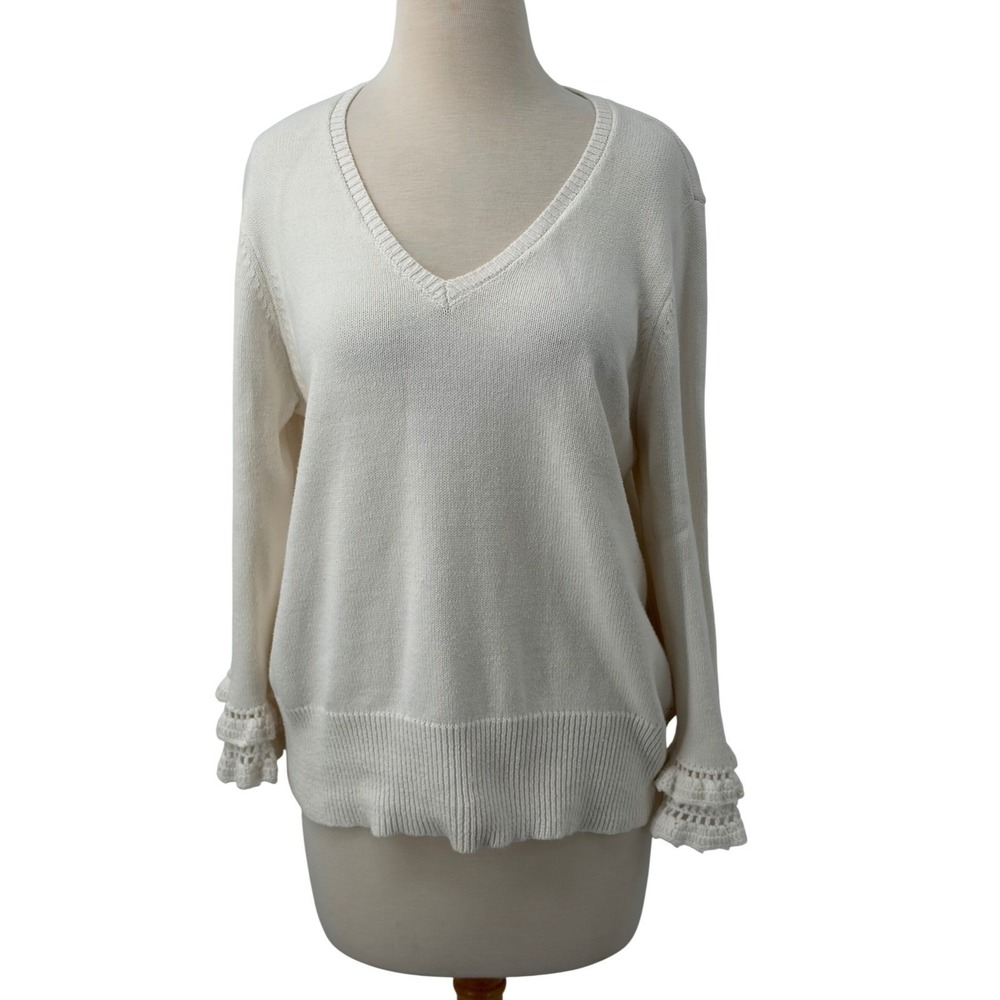 Joseph A Womens Cream V-Neck Cotton Blend Knit Sweater Crochet Ruffle Cuffs XL